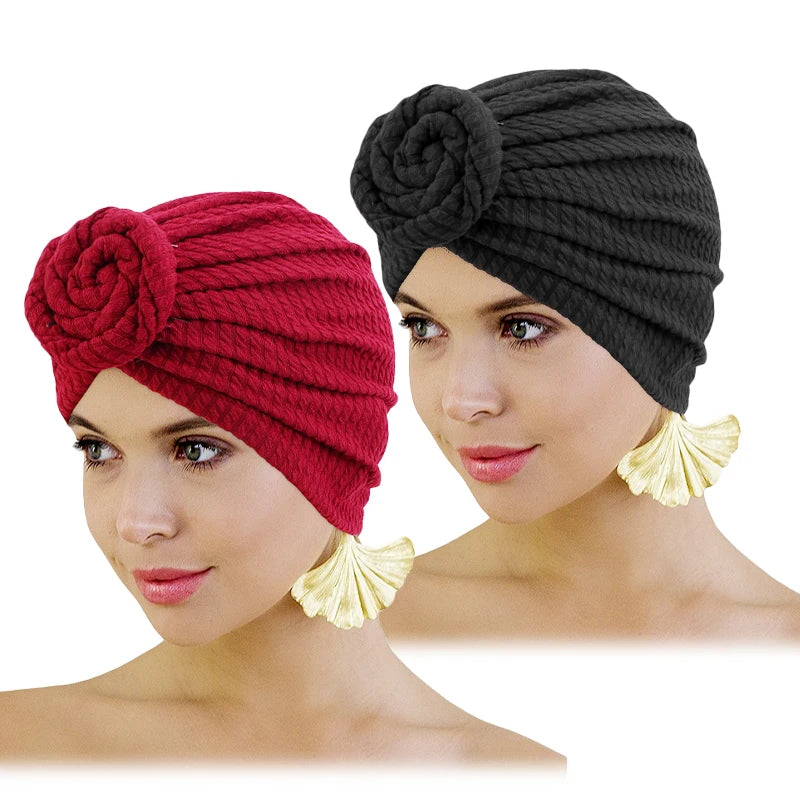 Hot Knotted Turban for Ladies Two Pieces/Set Wholesale Pre-Tied Hair Accessories Women Cotton Turban
