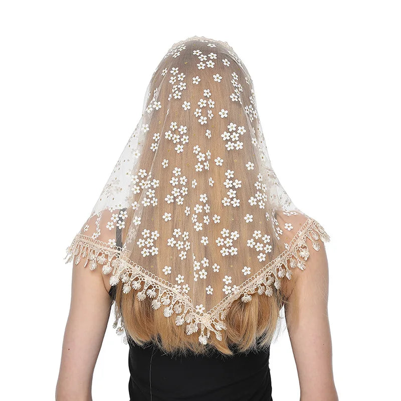 Women Ladies Elegant Triangle Lace Shawl Floral Tassel Scarf Wraps Triangular Mantilla Scarves Black