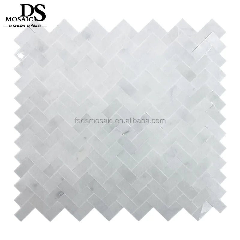 Herringbone Shape White Color Marble Natural Stone Mosaic Artwork Self Adhesive Sticky Tiles