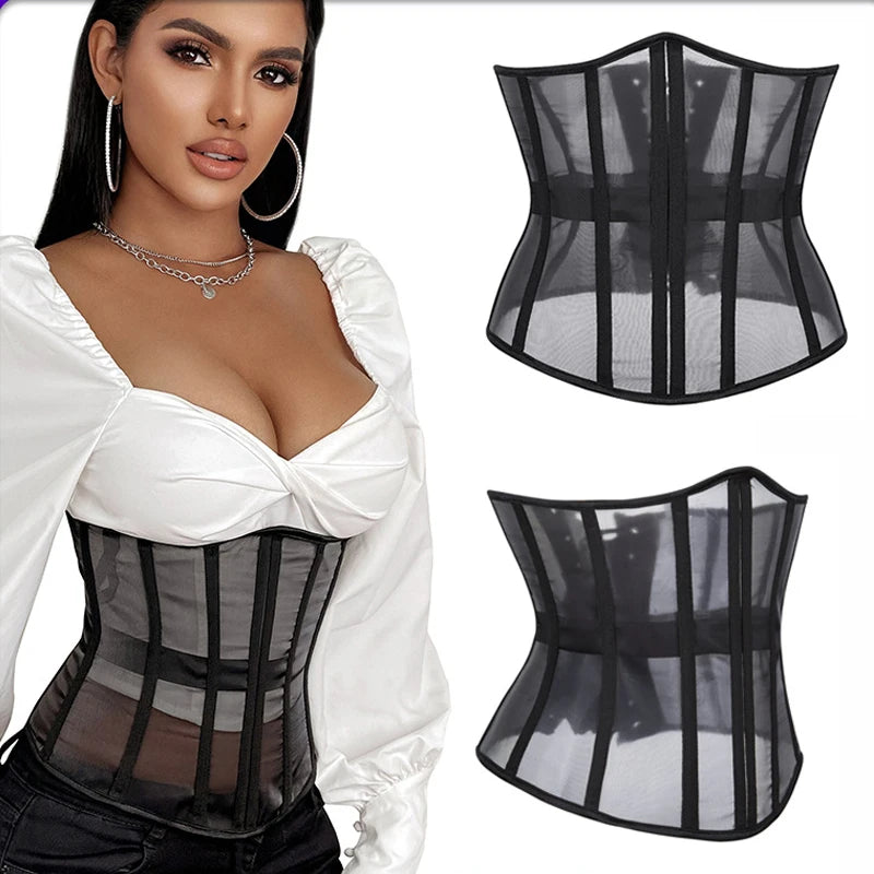 Women's Black Breathable Seamless Underbust Corset Soft Gorsets Sheer Mesh Corselet Cupless Bustier Top Woven Girdle Shaper Type