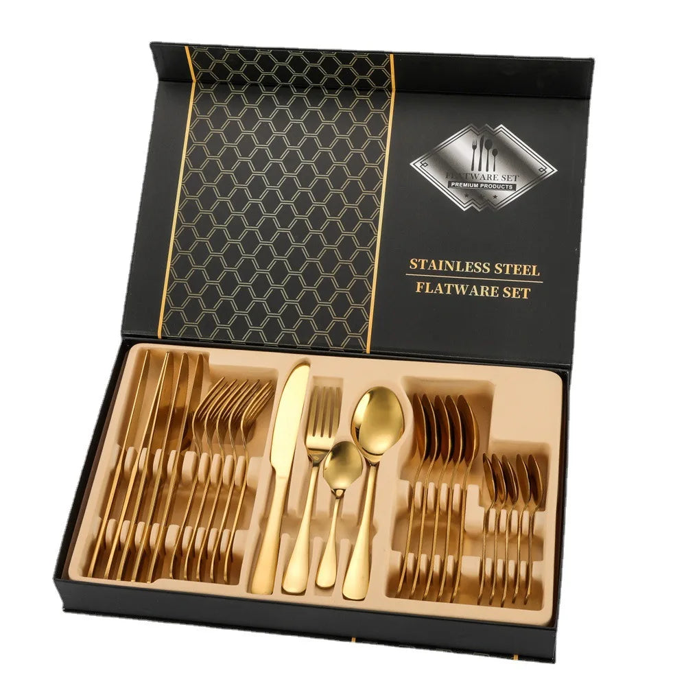 24Pcs Golden Flatware Set Stainless Steel Gold Cutlery Set Spoon Fork Silverware for Wedding With Box
