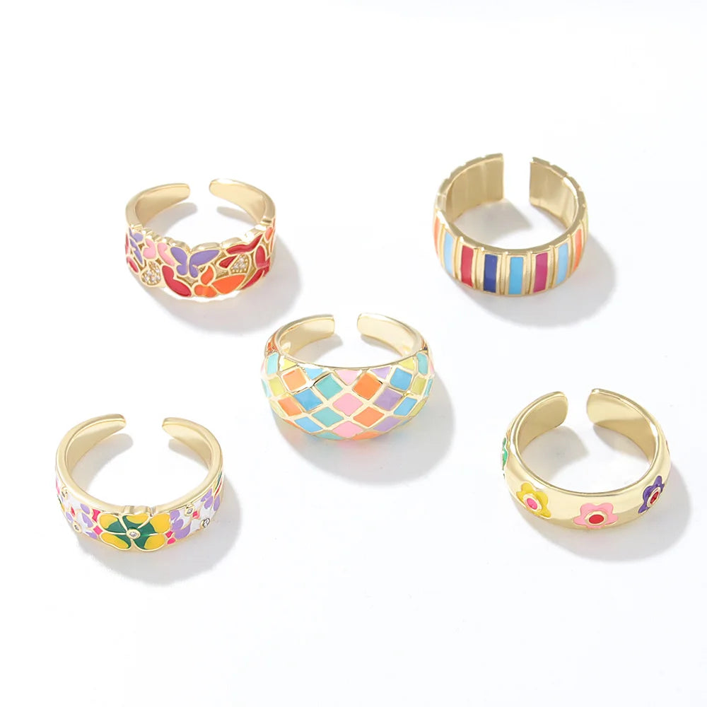 Women's Copper Jewelry Lovely Bright Ring with Colorful Pattern Painted Oil Cute Style Main Material Brass