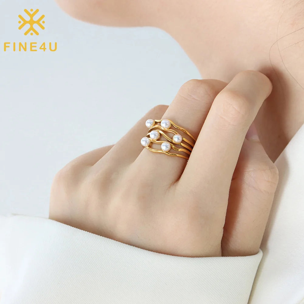 Fashion Women Simple Jewelry Open Wave Shape Anillo Con Perlas Gold Plated Stainless Steel Pearl Ring