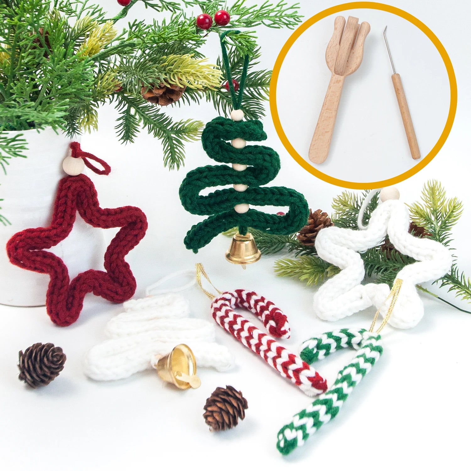 DIY Knitting Fork Kit with Yarns and Wooden Beads for Christmas Decoration Needlework