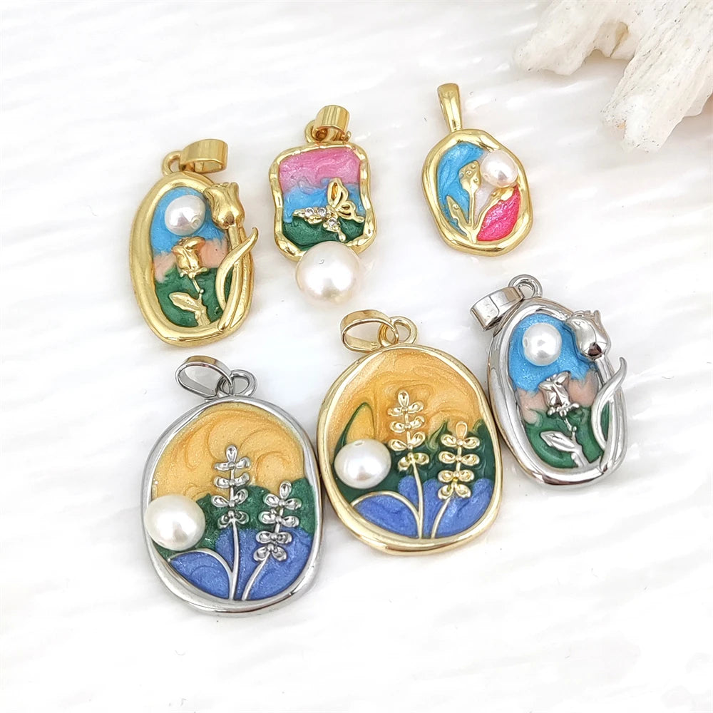 Colorful Silver Plated Vintage Monet's Garden Design Drop Oil Wheat Tulip Butterfly Natural Pearl Pendants for Women Necklace