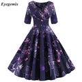Eyegemix Women Flower Print Autumn Dress Casual Winter Half Sleeve Elegant Vintage Dress Robe Femme Pinup Office Party Vestidos