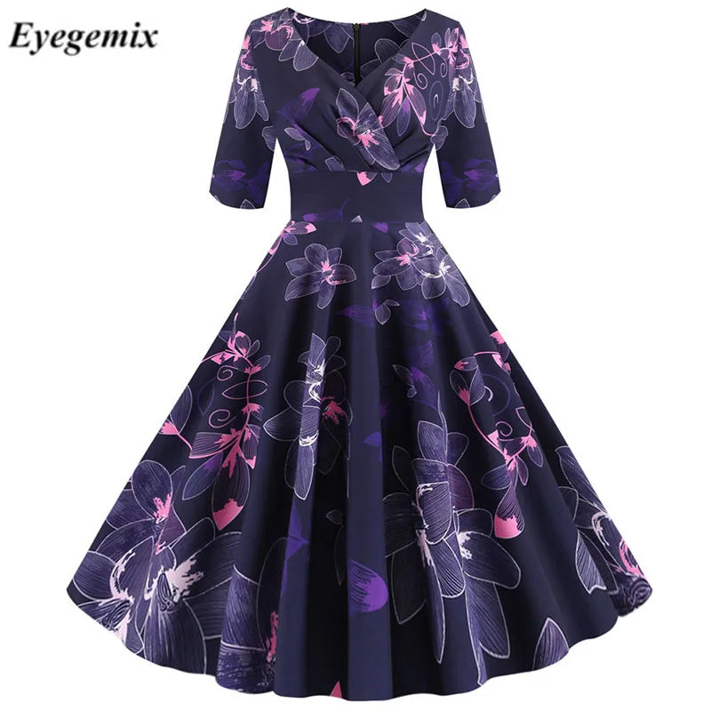 Eyegemix Women Flower Print Autumn Dress Casual Winter Half Sleeve Elegant Vintage Dress Robe Femme Pinup Office Party Vestidos
