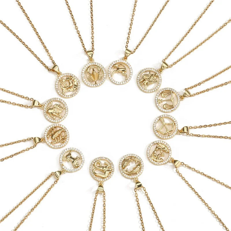 Women's 18K Gold Plated Brass 12 Zodiac Signs Pendants Charm Symbol Astrology Zircon Necklace for Engagement Gift Wedding Party