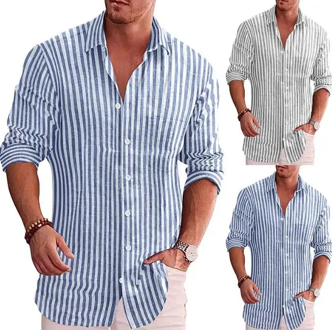New Arrivals Men Fashion Shirts Casual Gray Blue Striped Lapel Men's Long-Sleeve Top Blouse Men Shirts