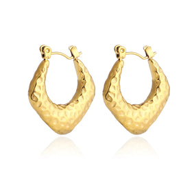 Luxury Popular Jewelry 316L Stainless Steel 18K PVD Gold Plated Hoop Hammer Pattern Waterproof Earring for Women