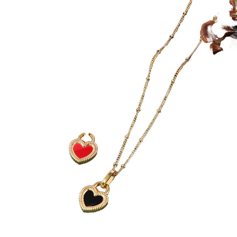 HOVANCI 18K Gold Plated Double-Sided Stainless Steel Necklace Black White Signet Lock Heart Trendy Beads Chain for Weddings