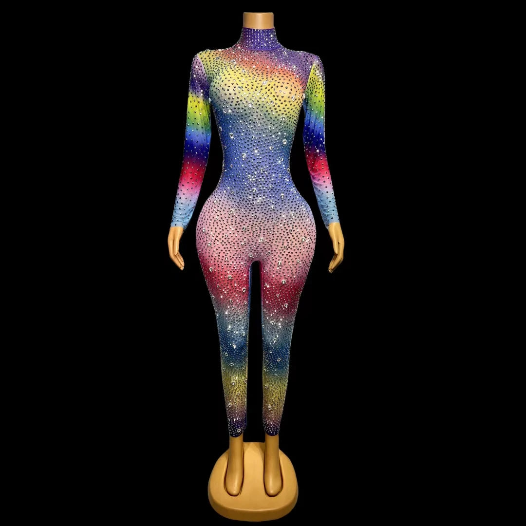 Sexy Colorful Sequins Rhinestone Jumpsuit Female Spandex One Piece Bodysuit Pole Dance Leotard Rompers Night Club Women Jumpsuit