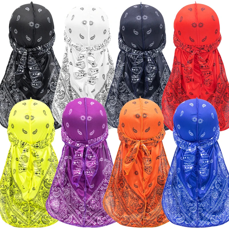 Hip Hop Unisex Do Du Doo Rags Cap Headwraps Long Tail Paisley Bandana Silky Durag for Men Women Silk 360 Wave