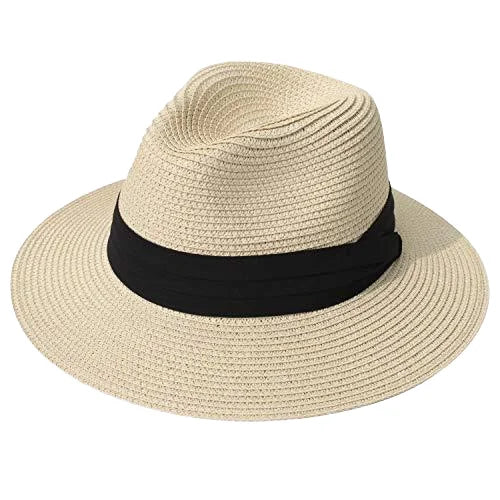 ALLCH Adults' Summer Striped Sun Visor Straw Hat Seaside Wide Brim Panama Top Hat Natural Grass for Travel and Beach Use