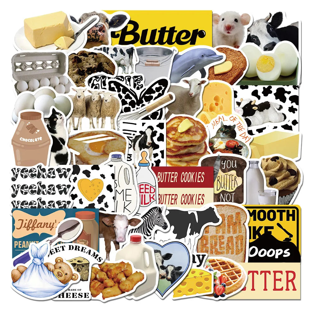 50Pcs Cartoon INS Dairy Cow Butter Decorative Stickers Label for Luggage Laptop Cup Scrapbook Notebook PVC Waterproof Sticker
