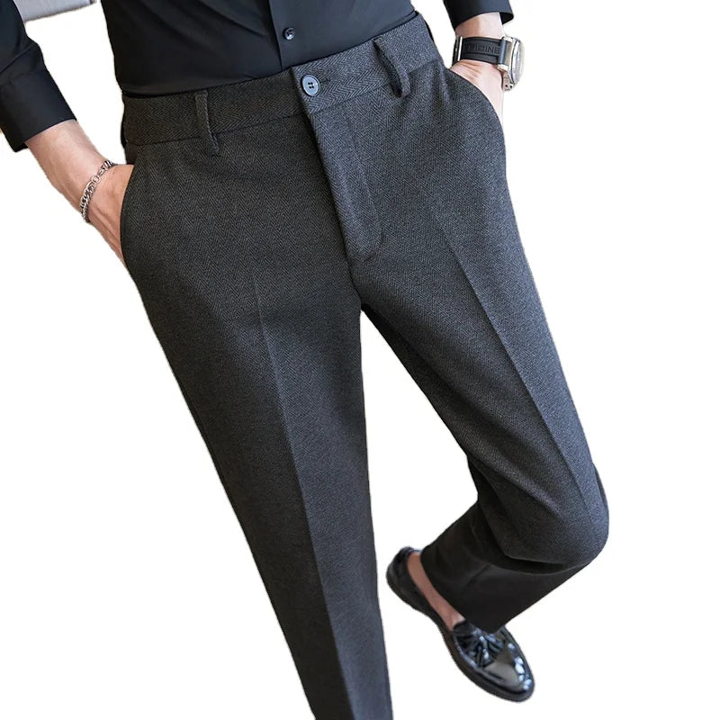 New Slim Straight Men's Pants Mid Waist Stretch Plus Size Classic Solid Color Business Casual Wear Formal Suit 100% Polyester