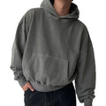 Vintage Wash Hoodie Men's Cotton Oversized Drop Shoulder Raw Hem Cropped Sun Faded Hoodie Streetwear Pullover Hoodies for Men
