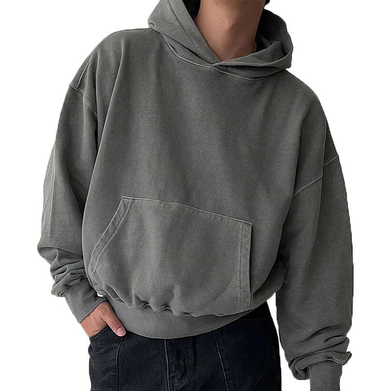 Vintage Wash Hoodie Men's Cotton Oversized Drop Shoulder Raw Hem Cropped Sun Faded Hoodie Streetwear Pullover Hoodies for Men