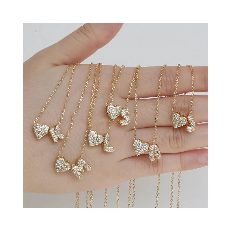 Fashion Rhinestone 18k Gold Plated Bubble Letter Heart Pendent Charms Custom Initial Letter Name Necklace Jewelry