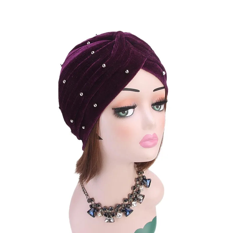 New Arrival Factory Sale Islamic Muslim Beaded Velvet Turban Women Head Wrap Hijab Chemo Turban Hijab Head Wrap Bonnet