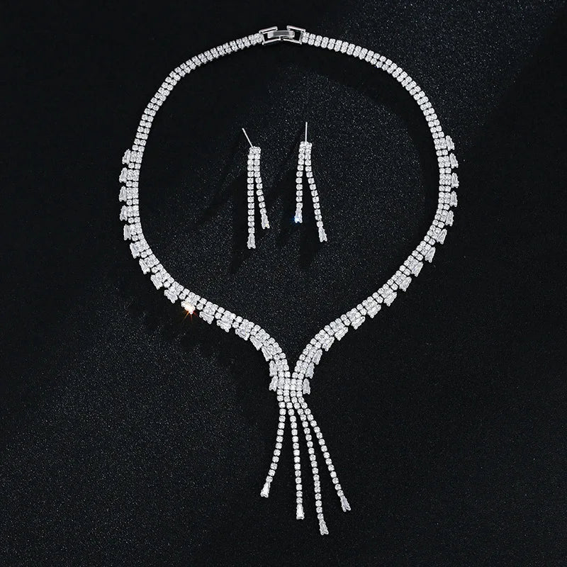 2022 New Arrival Shiny Wedding Jewelry Bridal Necklace Earrings Set Temperament Tassel Crystal Jewelry Set for Women