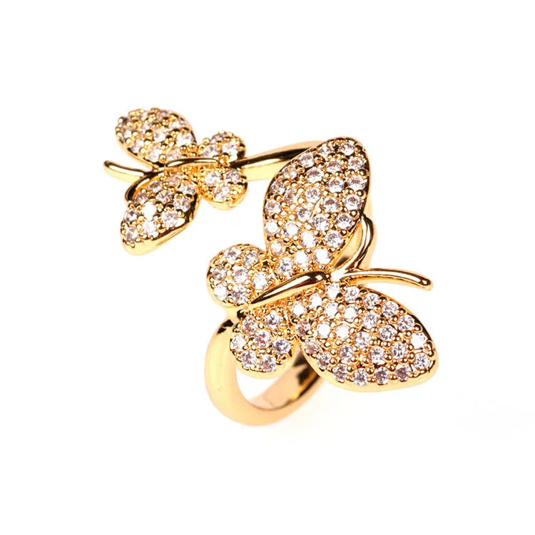RM1130 Chic 18k Gold Plated Bling Crystal Butterfly Finger Rings for LadiesDiamond Zircon CZ Micro Paved Leaf Rings for  Women