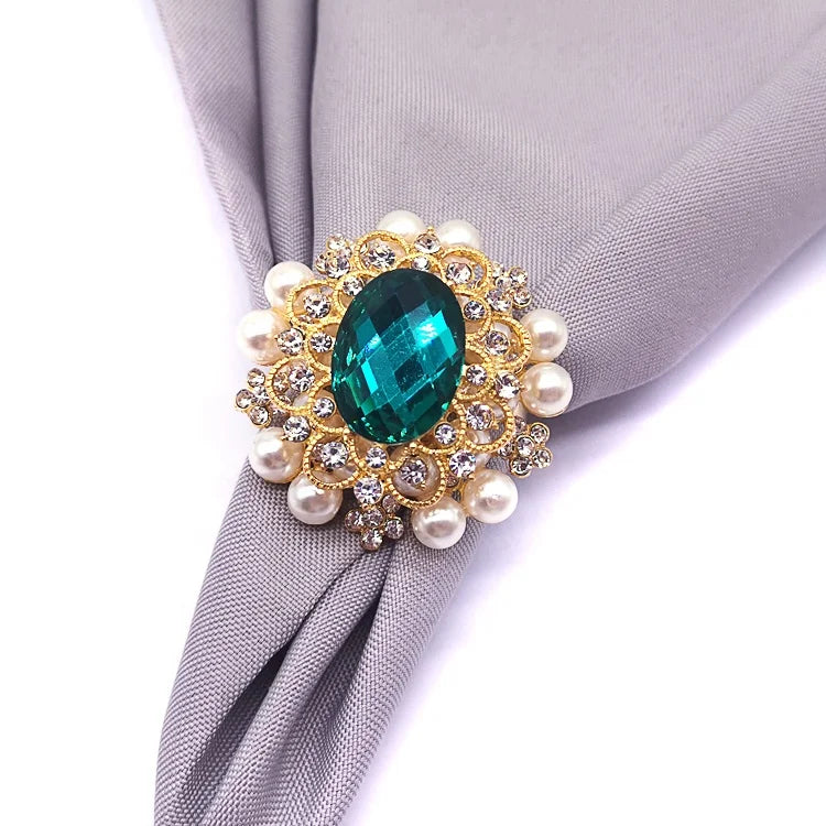Wedding Party Table Decoration Personalized Green Rhinestone Pearl Metal Napkin Rings Eco-Friendly Flower Shape for Wholesale