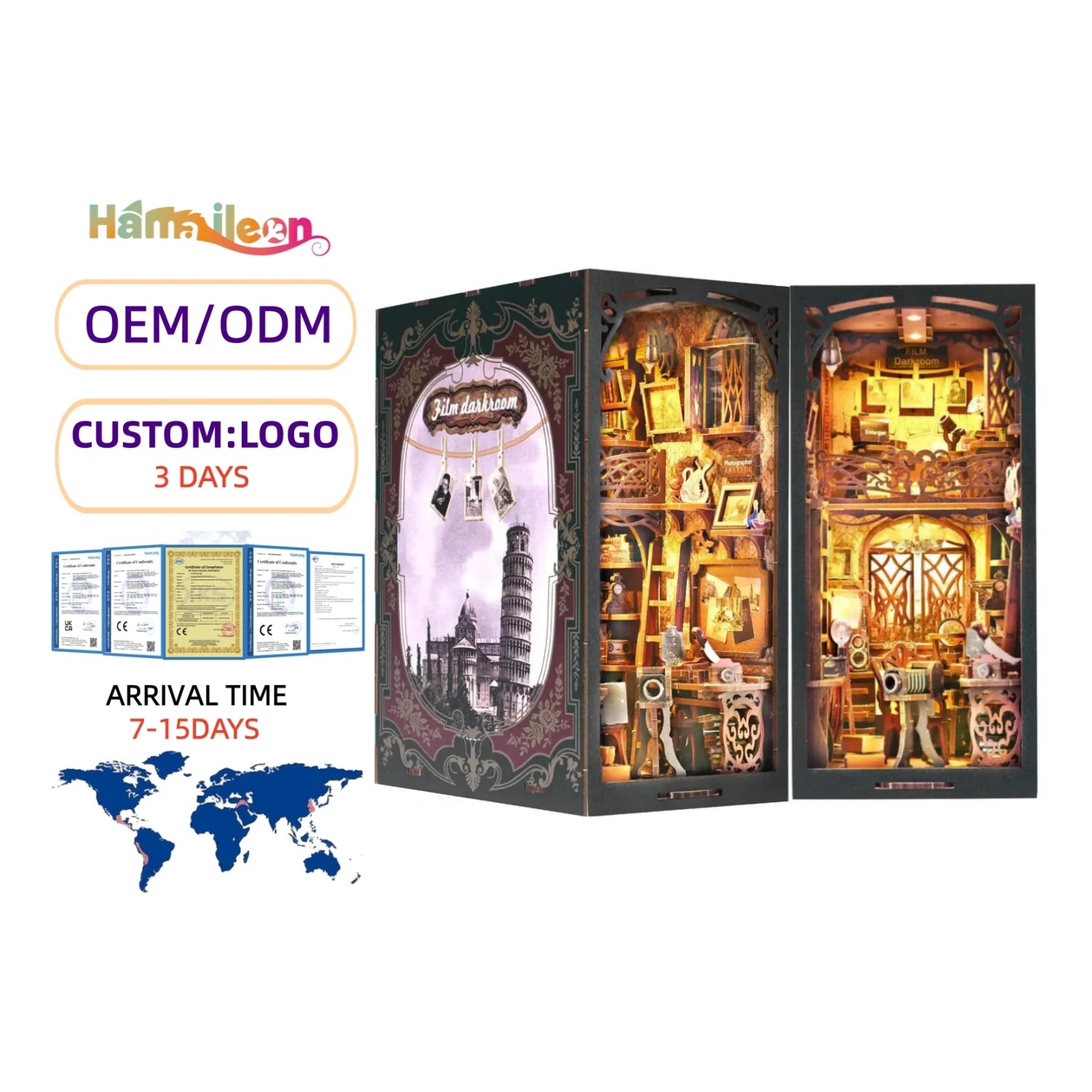 Hamaileon YM02 Book Nook Library DIY 3D Wooden Puzzle Bookend Kit For Dollhouse Bookshelf Insert Film Darkroom
