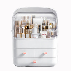 Custom logo Makeup Organizer Cosmetic Storage Box Holder With Dust Free Proof Cover Portable Handle for Bathroom Bedroom Dresser