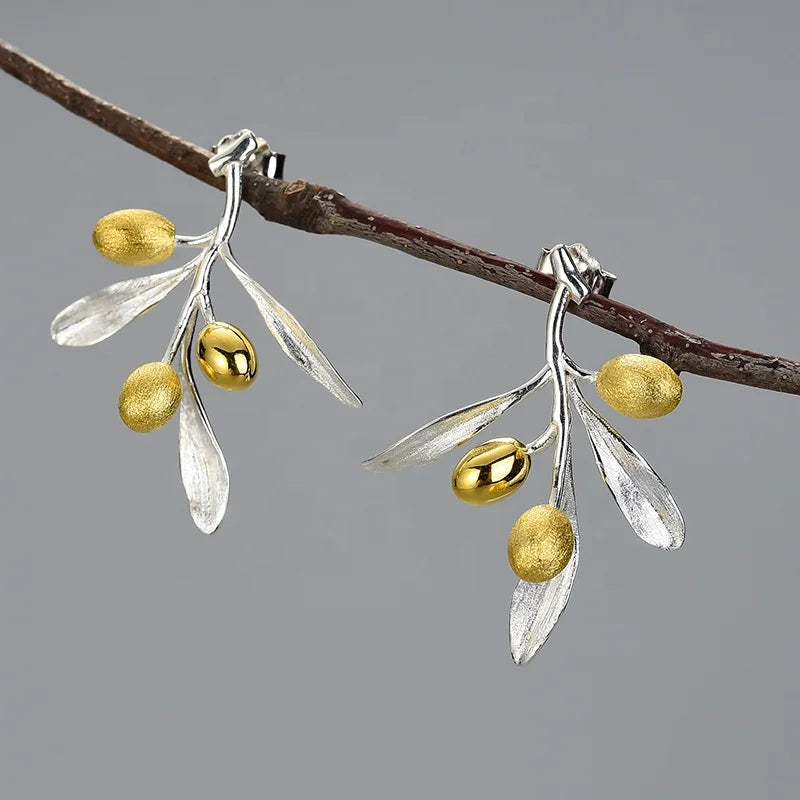 Lotus Fun Olive Leaves Branch Fruits Unusual Earrings Real 925 Sterling Silver Original Statement Wedding Fine Jewelry for Women