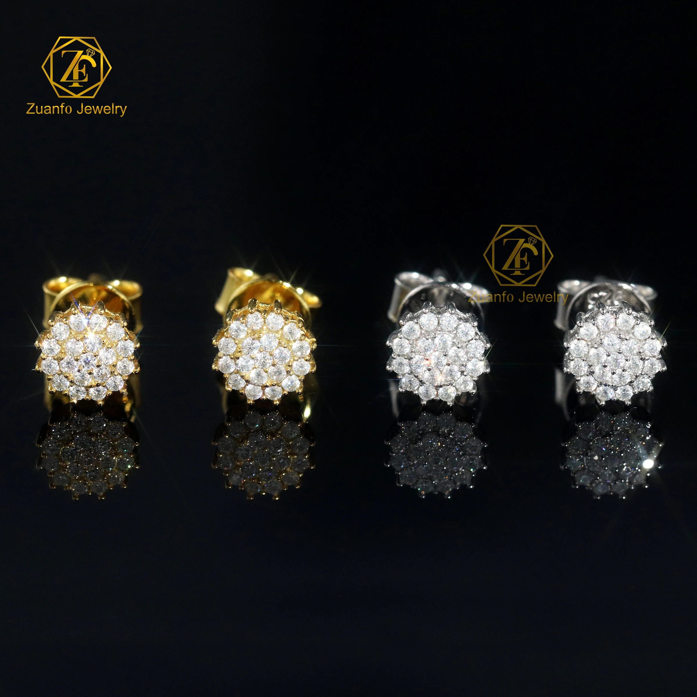 Hot Sale Pass Diamond Tester Hip Hop 925 Silver Gold Plated VVS Diamond Moissanite Flower Stud Earrings Cluster