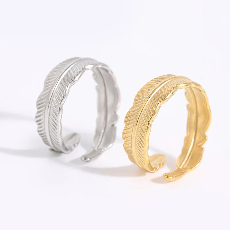 Cross-Border Hydraulic Titanium Steel Cool Unique Design Adjustable Open Ring Fashionable Forest-Style Branches Heart Feather MegaBDM