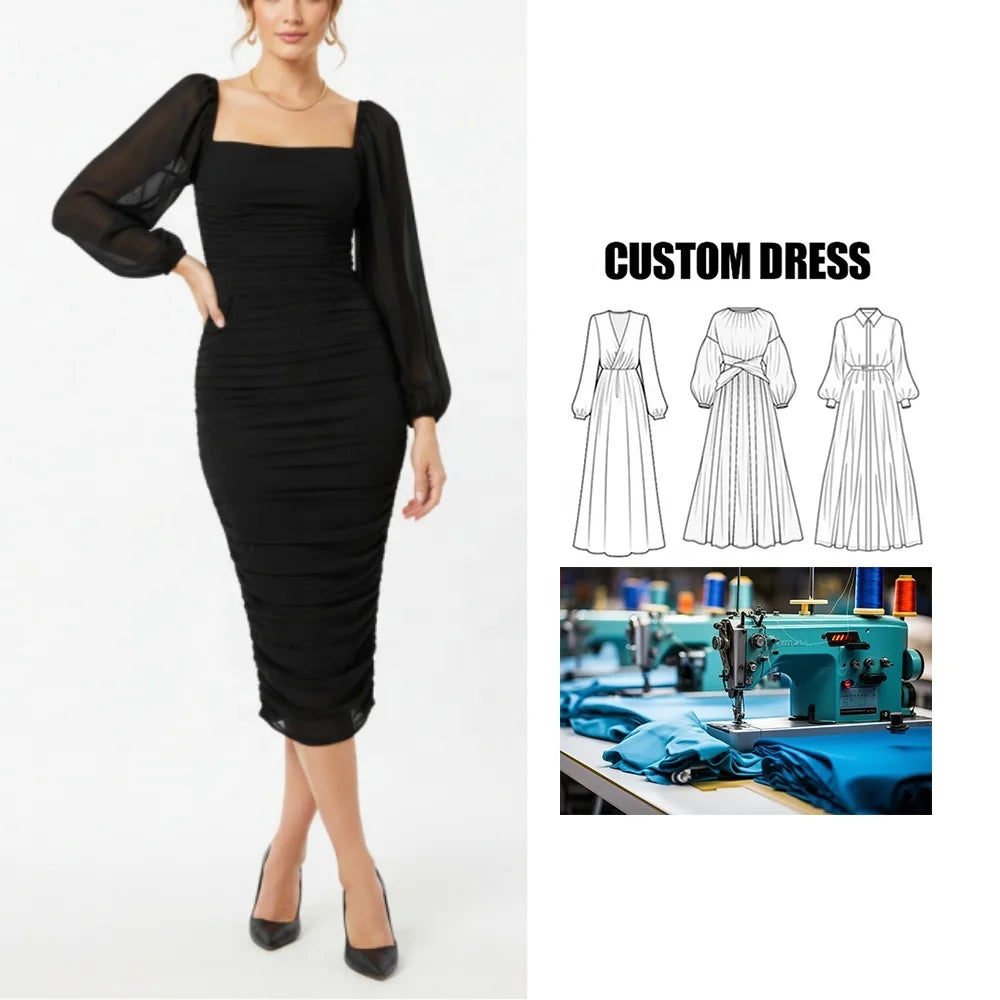 OEM Custom Fashion Pencil Bridesmaid Dress Solid Pattern Pleated Chiffon Dress Square Neck Long Sleeves Midi Length Dress