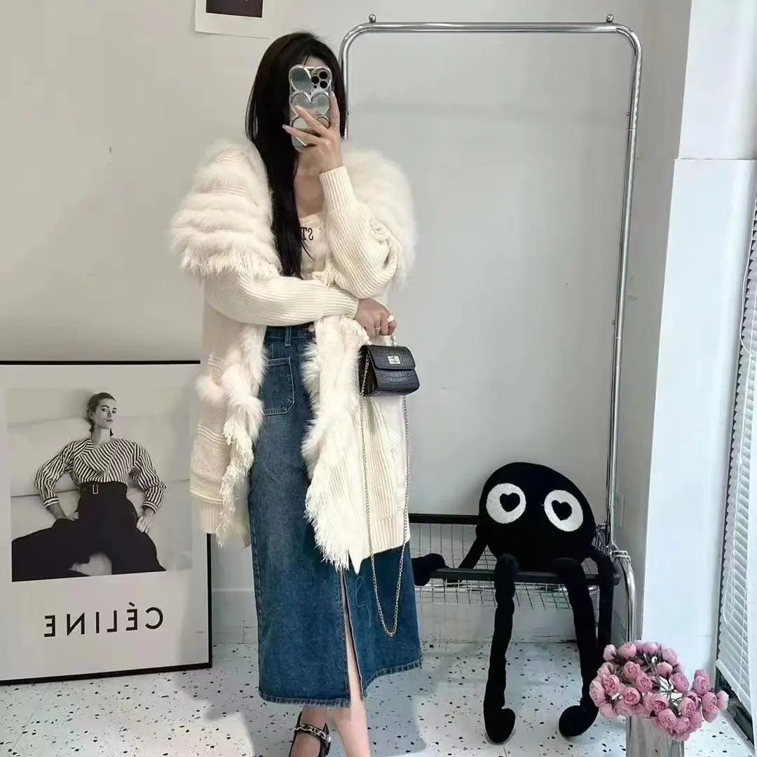 2024 New Women's Fashionable Real Fox Fur Fringe Loose Cardigan Long Knitted Sweater for Autumn and Winter Casual Outerwear