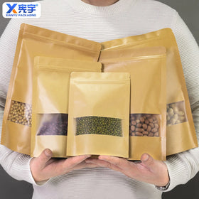 Factory Price Customization logo White Brown Kraft Paper Zipper Bag With Window Kraft Paper Standing Bag for Food Nuts