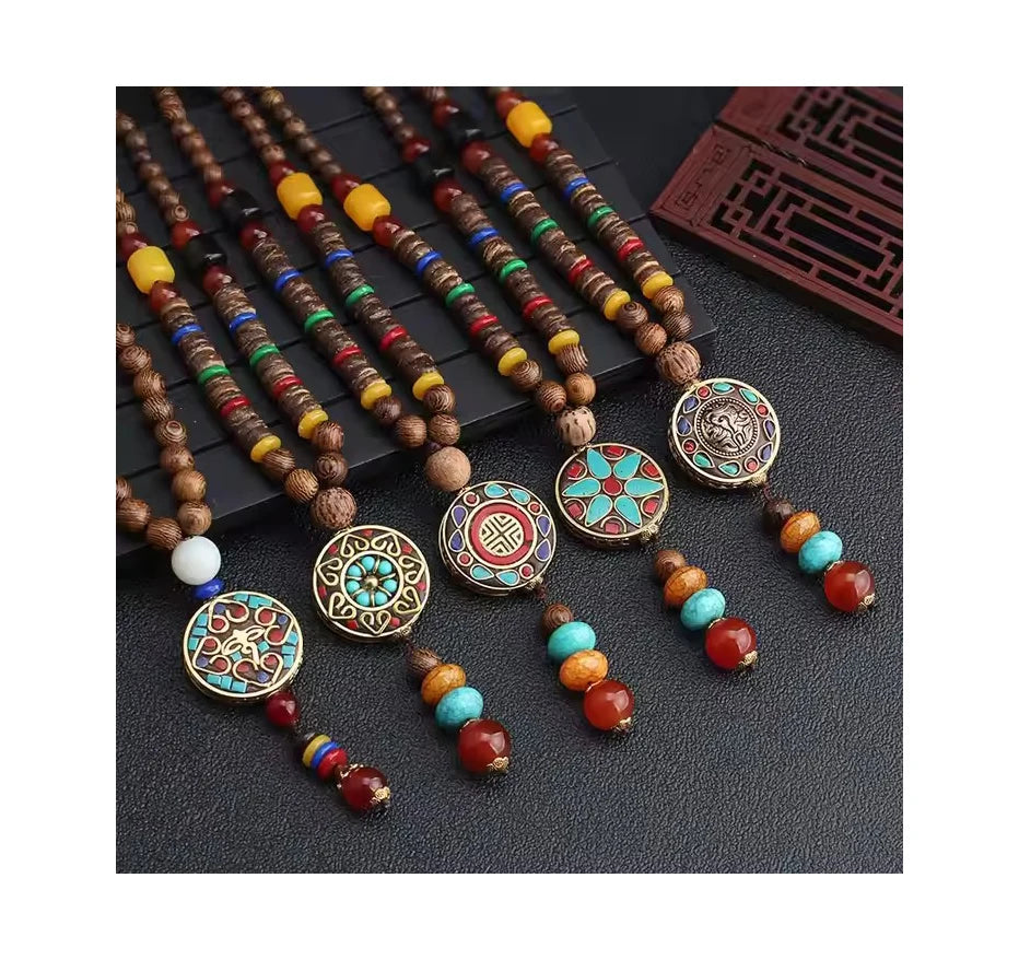 Ethnic Style Sweater Chain Handmade Nepal Necklace Religion Tribal Wood Beads Pendant Long Tassel Necklace