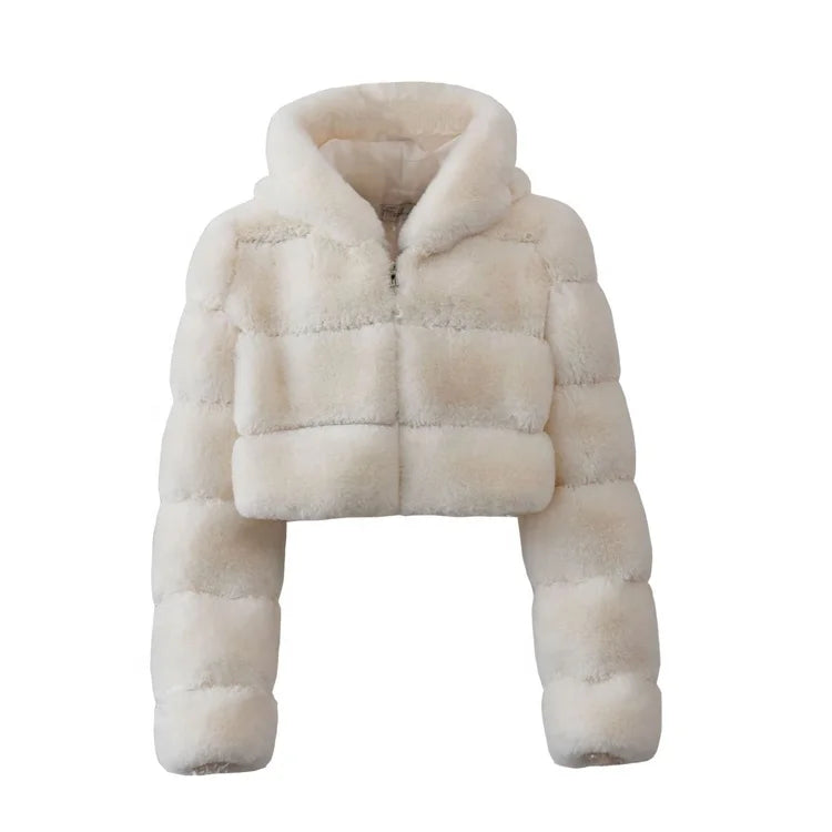 New Arrival Winter Women's Casual Breathable Faux Fox Fur Hooded Short Coat with Cotton Filling Zipper Closure Polyester Shell