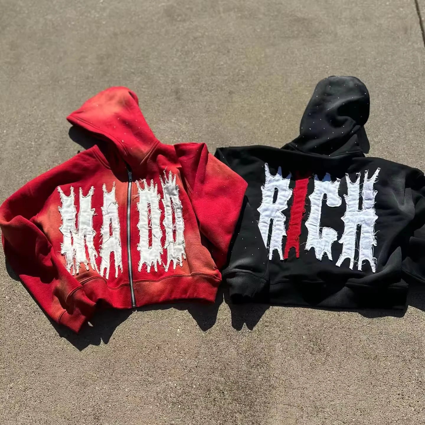 Manufacturer Custom Logo Acid Wash Rhinestone Zip up Cropped Men Sun Faded Patchwork Applique Distressed Embroidered Hoodie