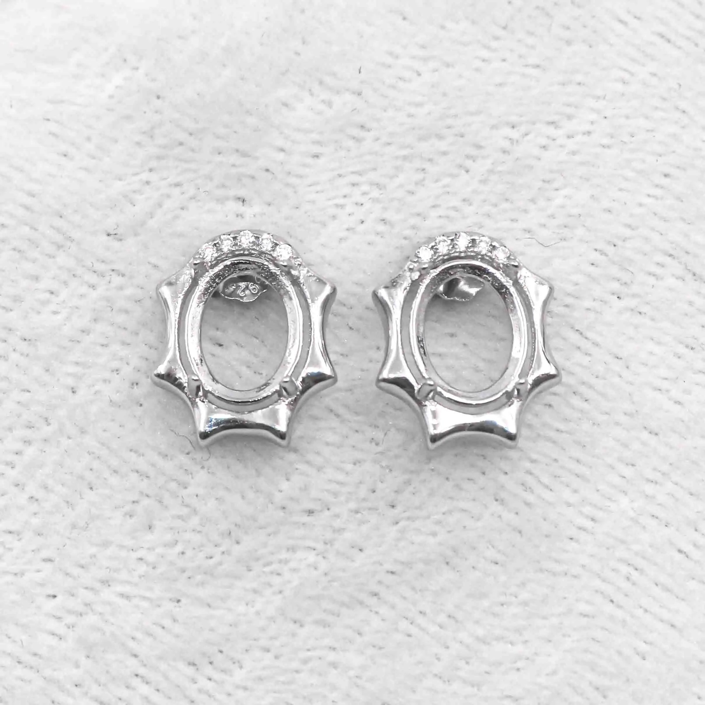 Sterling Silver 7*9mm Semi Mount Stud Earrings Empty Frame Support Blank Setting S925 Base Without Center Stone for DIY Inlay