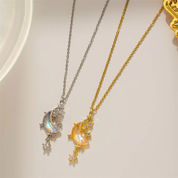 Wholesale Waterproof Necklace 316l Stainless Steel Korean Fashion Female Crystal Moon Star Tassel Necklace