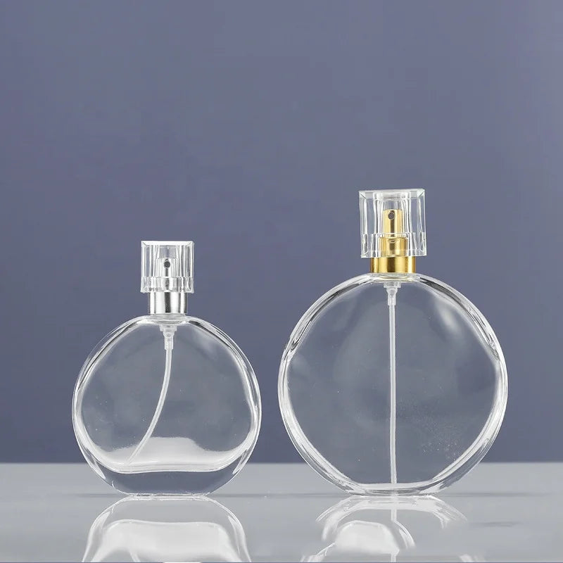 Oval Golden Cap Pump Sprayer 30ml 50ml 100ml 13mm 15mm Glass Cosmetic Perfume Bottle with Screen Printing Surface