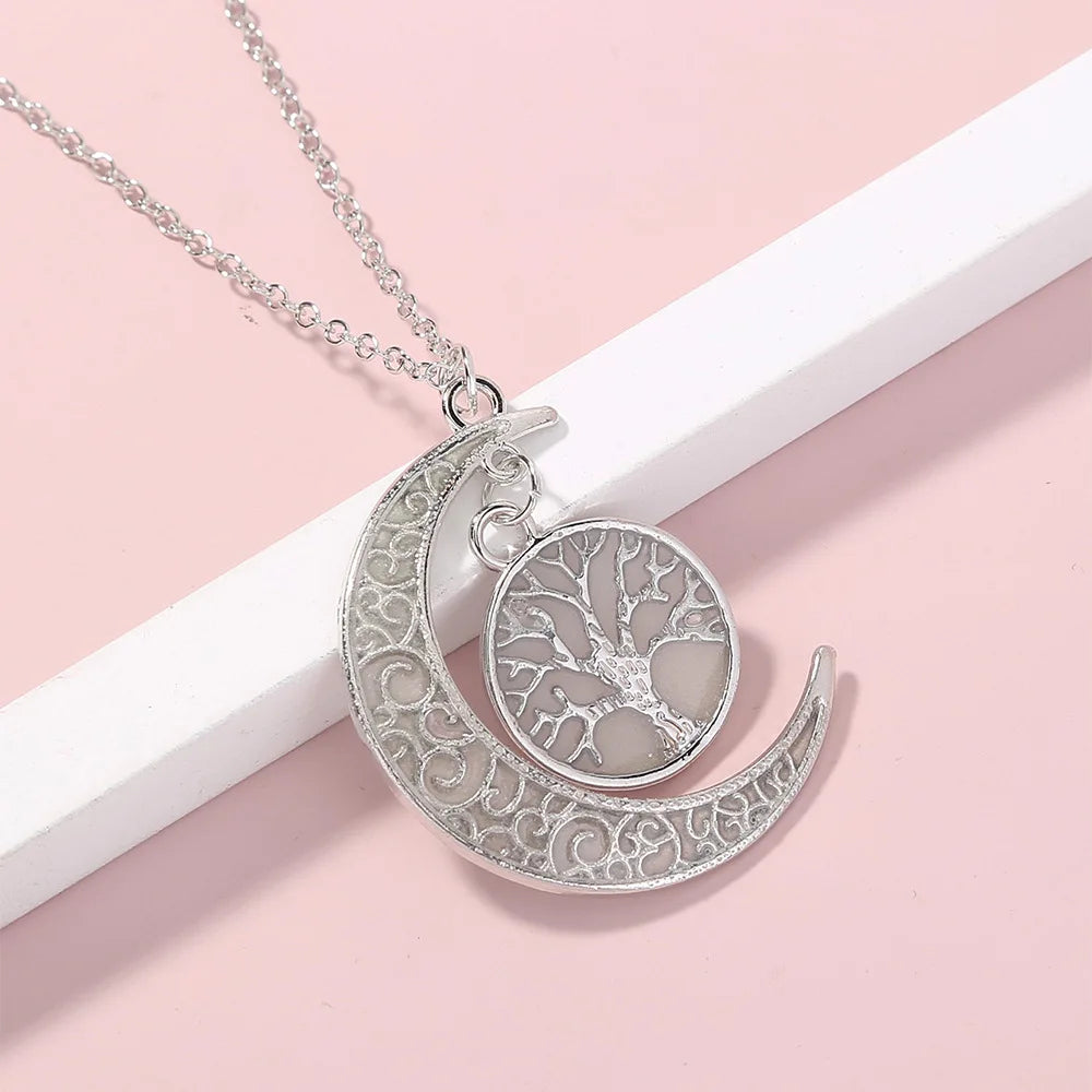 Hot Selling Tree of Life Jewelry Moon Choker Cube Luminous Stone Tree of Life Chakra Pendant Necklace