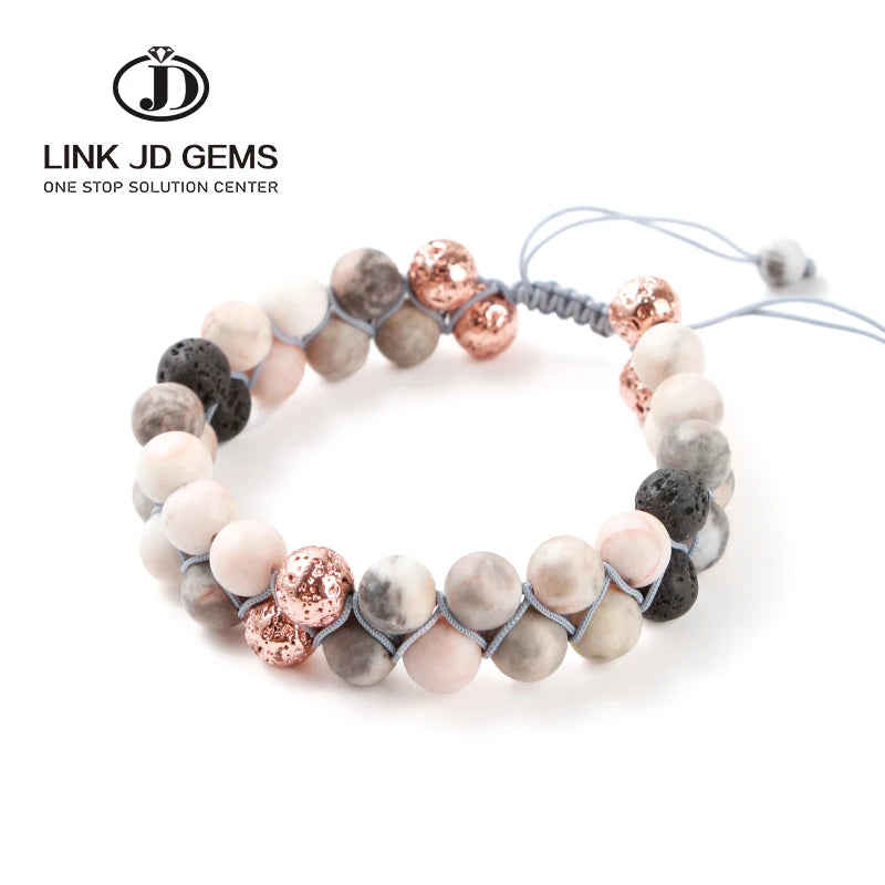JD Classic Natural Stone Bracelet 8mm Single Double Layer Pink Zebra Jasper Lava Stone Beaded for Women Men