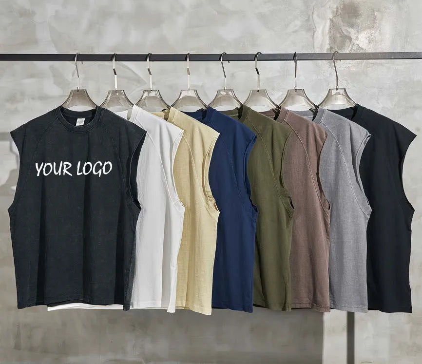 Custom Logo 100% Cotton Vintage Tank Top Men Washed Old Raglan Sleeveless T-Shirt Vest Fashion Streetwear Breathable
