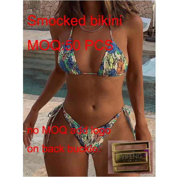 Floral Print Smocked Thong Bikini Swimsuit Spandex/Nylon Anti-UV Quick Dry