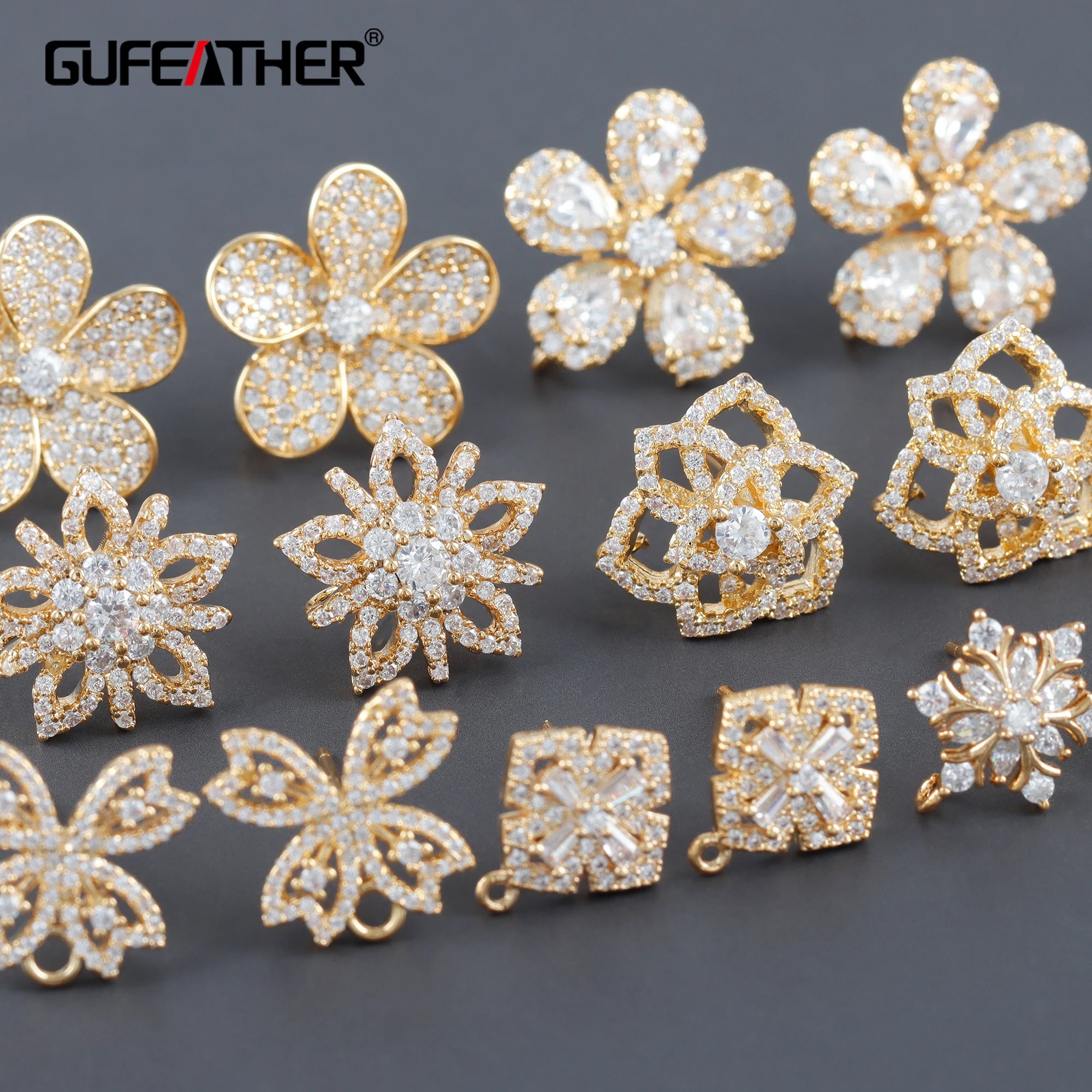 M1120   Jewelry Accessories18k Gold Platedcopperzirconpass REACHnickel Freeflower Shapecharmdiy Earring6pcs/lot