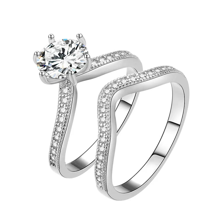 925 Sterling Silver Double Band Ring Large Solitaire CZ Center Stone Overlapping Design Engagement Wedding Ring Set for Parties