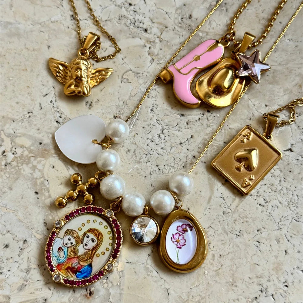 Stainless Steel Five-Pointed Star Pendant Necklace Love Shell Mushroom DIY Accessories Western Denim Hat Link Religious Pearl