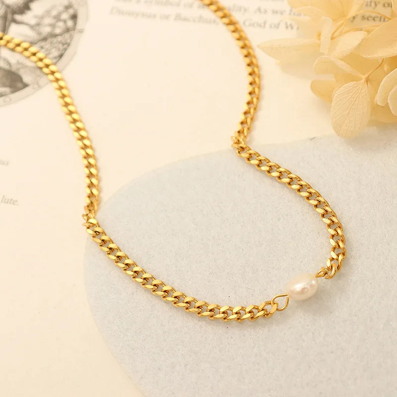 Gold Plated Fresh Water Pearl Pendant Cuban Chain Necklace Stainless Steel Jewelry Wholesale
