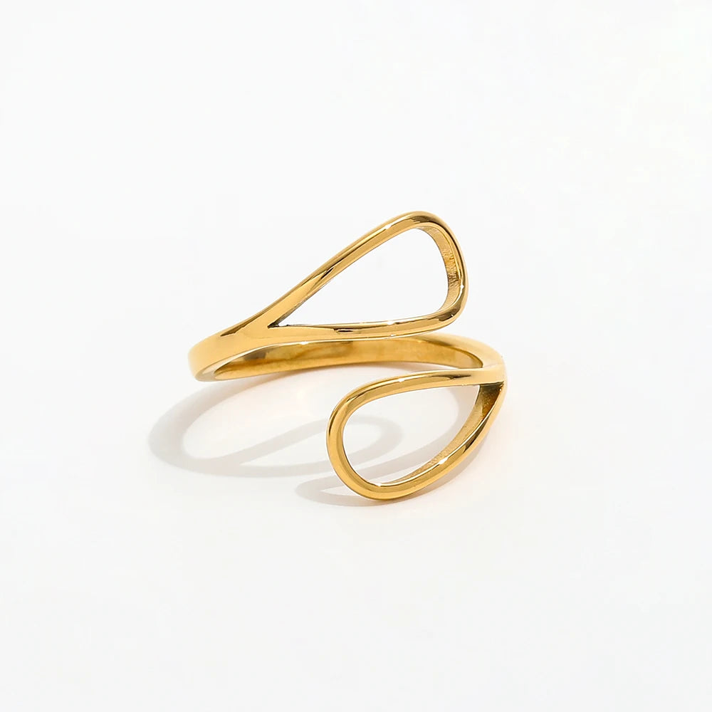 Joolim Jewelry Wholesale 18K Gold Plated Double Sector Lines Statement Stainless Steel Hollow Open Ring for Women Jewelry